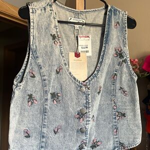 Stoosh Light Wash Denim Vest with Pink Embroidery